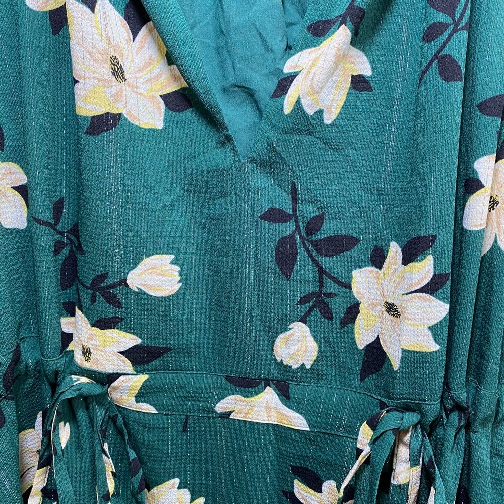 Babydoll Chiffon Kellie Green Floral Shimmer Fit Flare Dress S 3/4 Sleeve V Neck - Picture 8 of 8